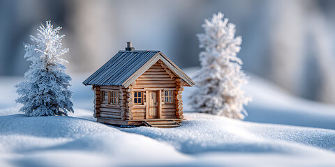 Miniature Wooden Cabin Surrounded by Snow-Covered Trees in a Serene Winter Landscape