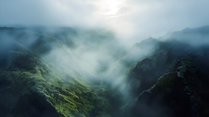 Thermal springs at volcano base with rising steam merging with morning fog in soft light