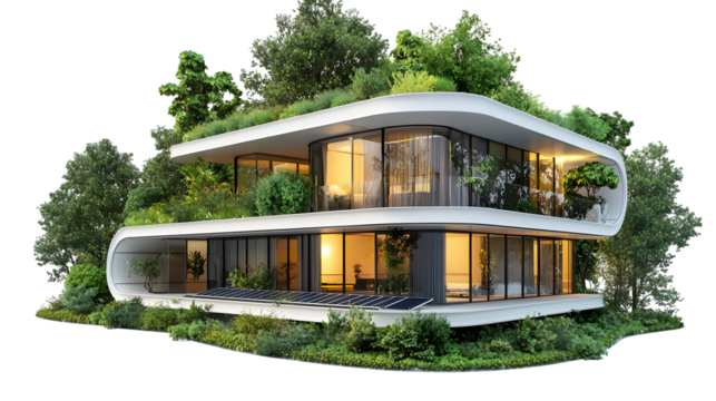 Sustainable Futuristic Solar Powered Smart Homes in a Green Environment Modern eco friendly isolated on a transparent background