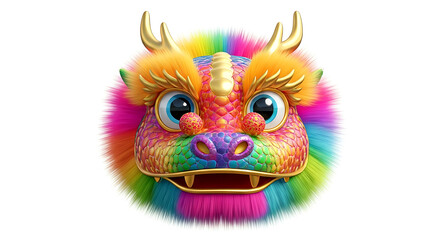 Vibrant illustration of a Chinese dragon head with rainbow colors on a white background