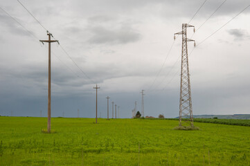 Le linee elettriche si estendono attraverso un vasto campo verde sotto un cielo coperto. Pali di...