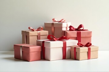 Elegant rustic gift boxes, white backdrop Delivery concept, copy space , artisan, copy space