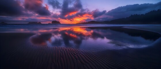 Intense sunset colors reflected on wet sand ripples sea stacks loom in distance moody clouds atmospheric coastal landscape Pacific Northwest beauty (Travel)