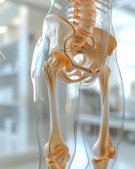 **Ultra-Premium Photorealistic 3D Medical Stock Visualization Of Human Pelvis And Upper Thigh In Transparent Educational Overlay. Adductor Muscle Group Highlighted With Strain Variation, Surrounding B