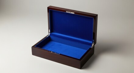 Open rectangular box with polished wood exterior, velvety blue interior on plain surface