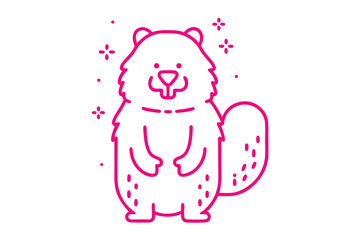 Cheerful pink beaver smiles with dotted tail on white background with sparkles