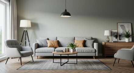 Modern Living Room Interior with Sofa Armchair and Decor.
