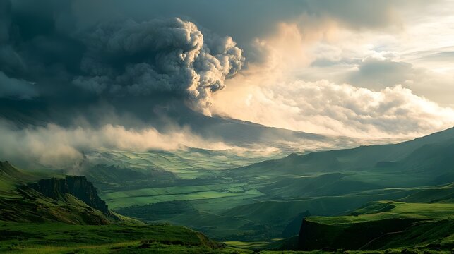 Plinian eruption column towering over valley with lightning discharges in volcanic ash