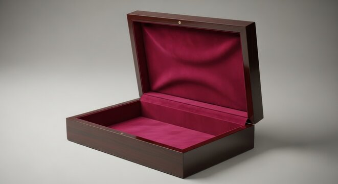 Open wooden box with a shiny finish and a red velvet interior on a neutral gray background
