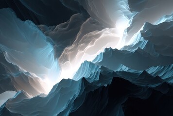 Abstract a dreamy landscape with ethereal light piercing through textured, layered forms in shades of white, blue, and black