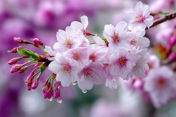 Obraz premium Delicate Pink Cherry Blossoms with Raindrops