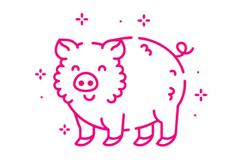 Cheerful pink pig doodle displays a happy expression surrounded by star shapes and dots