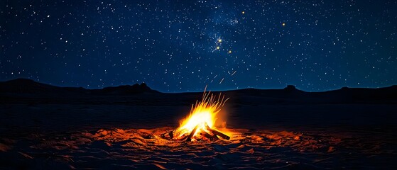 Minimalist desert camping under infinite stars with small glowing fire (Outdoor Lifestyle)