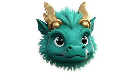 Close-up of a green Chinese dragon head with golden horns on a white background.