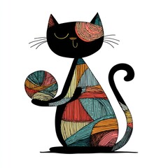 cat with colorful yarn silhouette