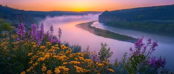 Breathtaking sunrise over misty river valley with golden water reflections