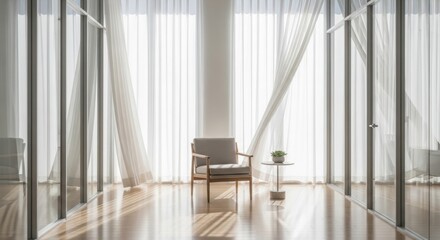 Bright minimalist lounge with armchair, glass walls, and soft natural light