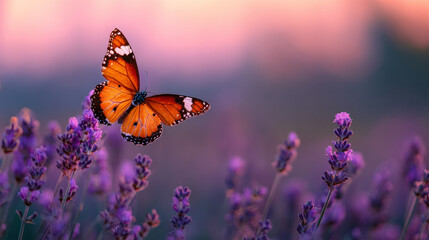 Butterfly flying over blooming lavender flowers at sunset
