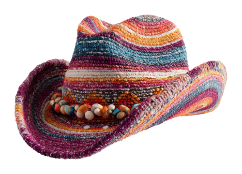 Colorful straw cowboy hat displayed on isolated on transparent background
