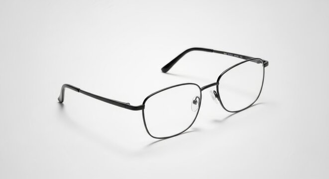 Eyeglasses with a thin black frame resting on a white surface angled toward the viewer, displaying their clear lenses