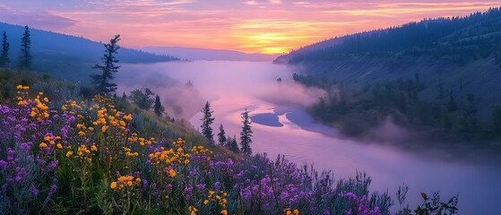Ethereal morning light in misty river valley with golden reflections