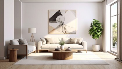 Contemporary minimalist living room with modern wall art and neutral tones
