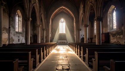 Fototapeta premium Abandoned church interior, sunbeam