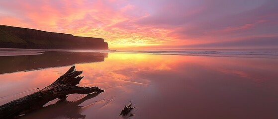 Tranquil dawn at empty beach with soft pink clouds reflected in wet sand (Nature Scenery)
