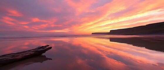 Minimalist beach sunrise with perfect orange and blue reflections on sand (Coastal Art)