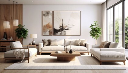 Contemporary minimalist living room with modern wall art and neutral tones