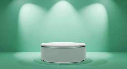 Elegant White Cylindrical Display Podium on Mint Green Background with Spotlights - Product Presentation Mockup.