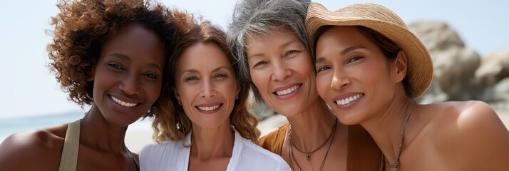 Diverse group of mature women smiling together on a sunny beach day