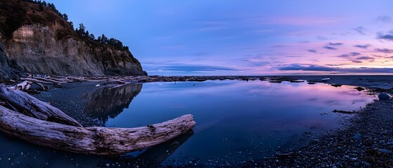 Peaceful coastal dusk with glassy water mirroring pink and purple clouds (Nature Scenery)