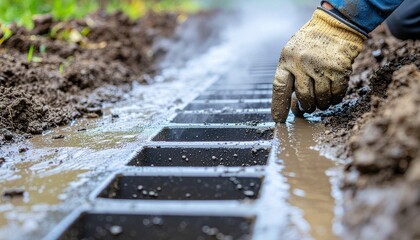 Fototapeta premium Close-Up Editorial Shot of Hands Installing Modular Drainage Grate – Industrial Architecture & Urban Infrastructure Stock Photo for Design and Engineering Media