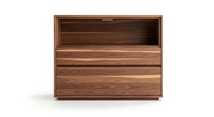 Elegant modern walnut dresser with sleek drawers and open shelving, perfect for stylish storage in contemporary homes and sophisticated interior designs.