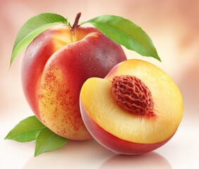 Two ripe peaches with leaves on a soft pink gradient background, one peach cut in half, revealing the pit