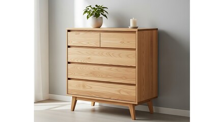 Elegant light wood dresser with minimalist design and tapered legs brings modern sophistication to any bedroom or living space storage needs
