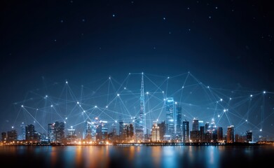 Nighttime cityscape with glowing water and ethereal network connecting buildings, under a clear, dark sky sprinkled with digital stars