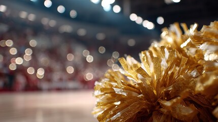 Close up of  golden and white pom pom in sharp focus with  blurred background of stadium lights and spectators