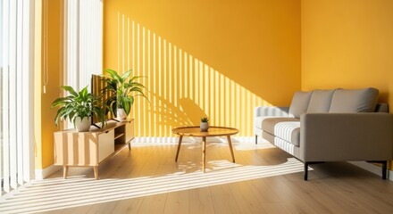Bright modern living room with yellow walls, gray sofa, wooden furniture, indoor plants, and sunlight.