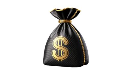 Black fabric bag with golden dollar symbol and trim isolated on a transparent background money