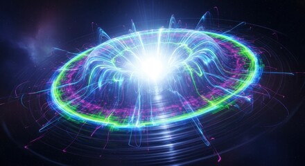 A vibrant glowing torus of energy pulsates in deep space featuring intricate blue green and purple light streaks radiating from a brilliant central core
