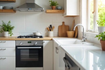 Fototapeta premium Sparkling clean kitchen countertops, gleaming appliances, and a spotless sink A picture of pristine domestic hygiene and order, ready for a fresh start , hygiene, start, pristine