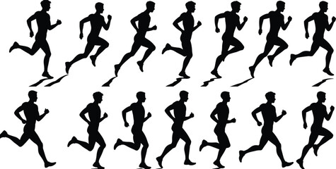 Running man silhouette vector set showing motion sequence, athlete jogging, fitness training, sports pose, black icon for design, animation, print.