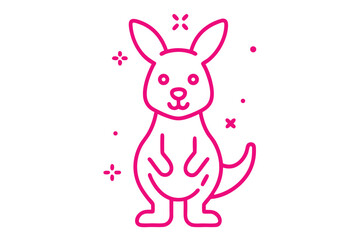 Cute outlined pink kangaroo standing cheerfully among simple sparkling design elements and dots