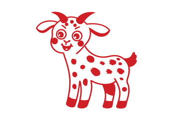 Cute outlined red goat smiling with spots stands alone over white