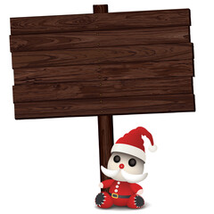 Blank wooden signboard posts and 3D cute Santa Claus doll isolated with white background graphic illustration.