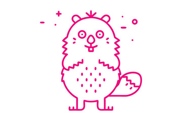 Cute pink beaver stands cheerfully surrounded by geometric decoration on a clean white backdrop