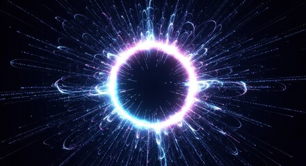 A vibrant glowing ring pulses with energy emitting myriad luminous particles and swirling light trails across a dark abstract background