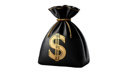 Black leather money sack gold dollar symbol drawstring isolated on a transparent background